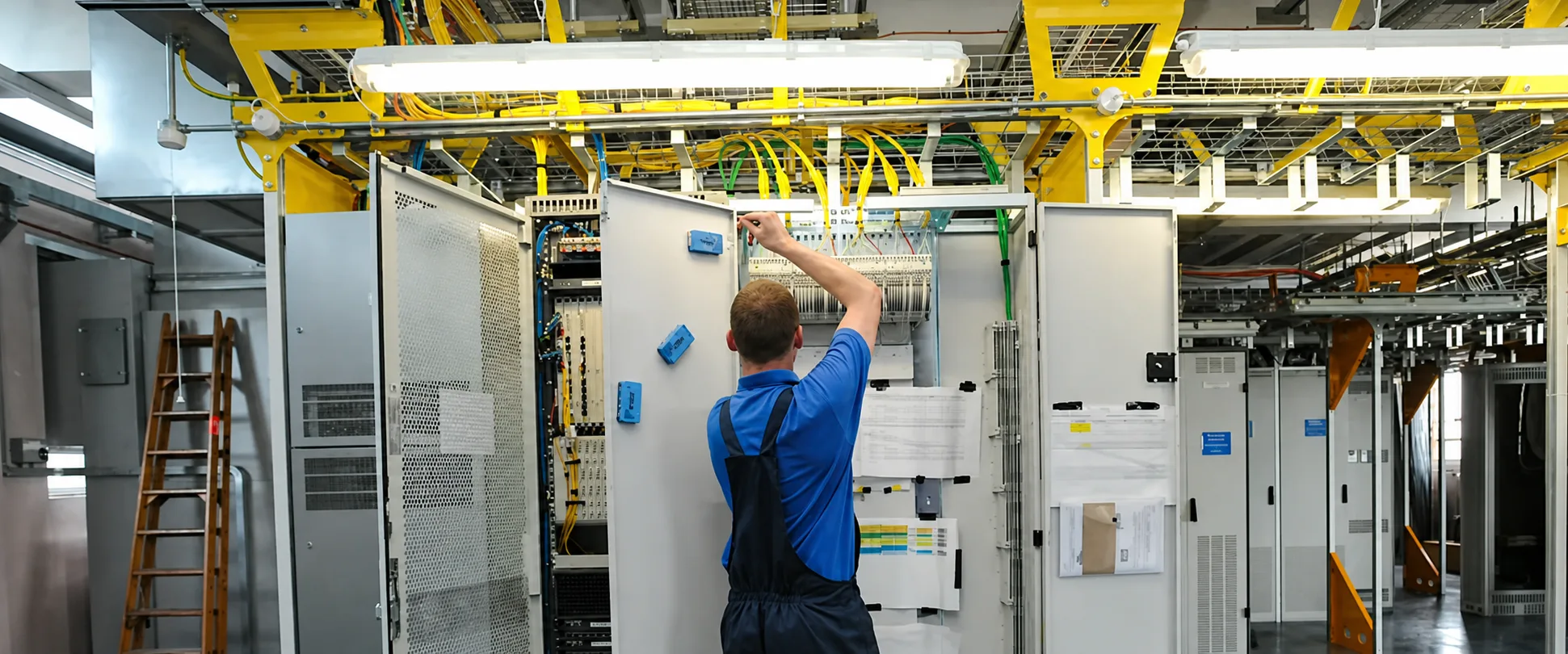Technician working on industrial network equipment