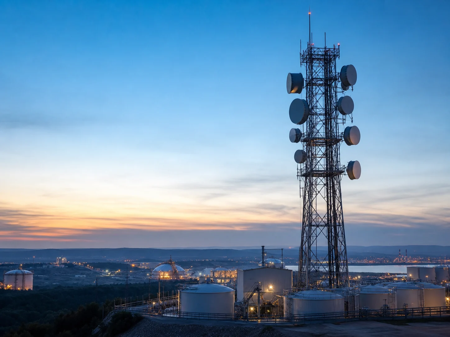 Telecom tower above an industrial connectivity site at dusk