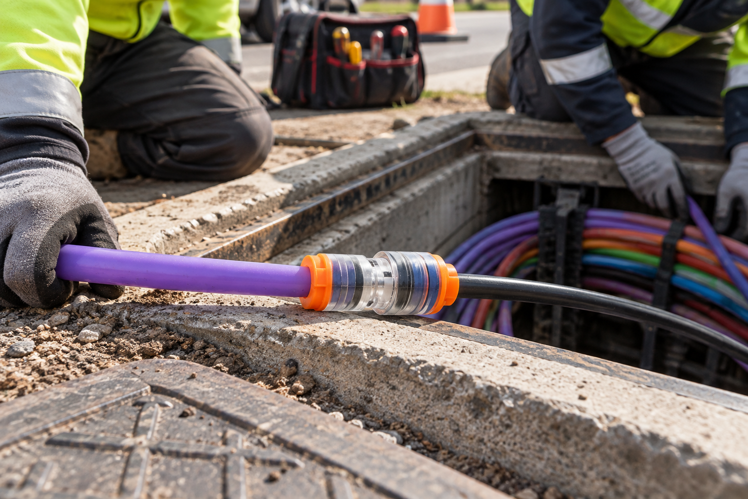 Reducing microduct connector installed at a telecom handhole