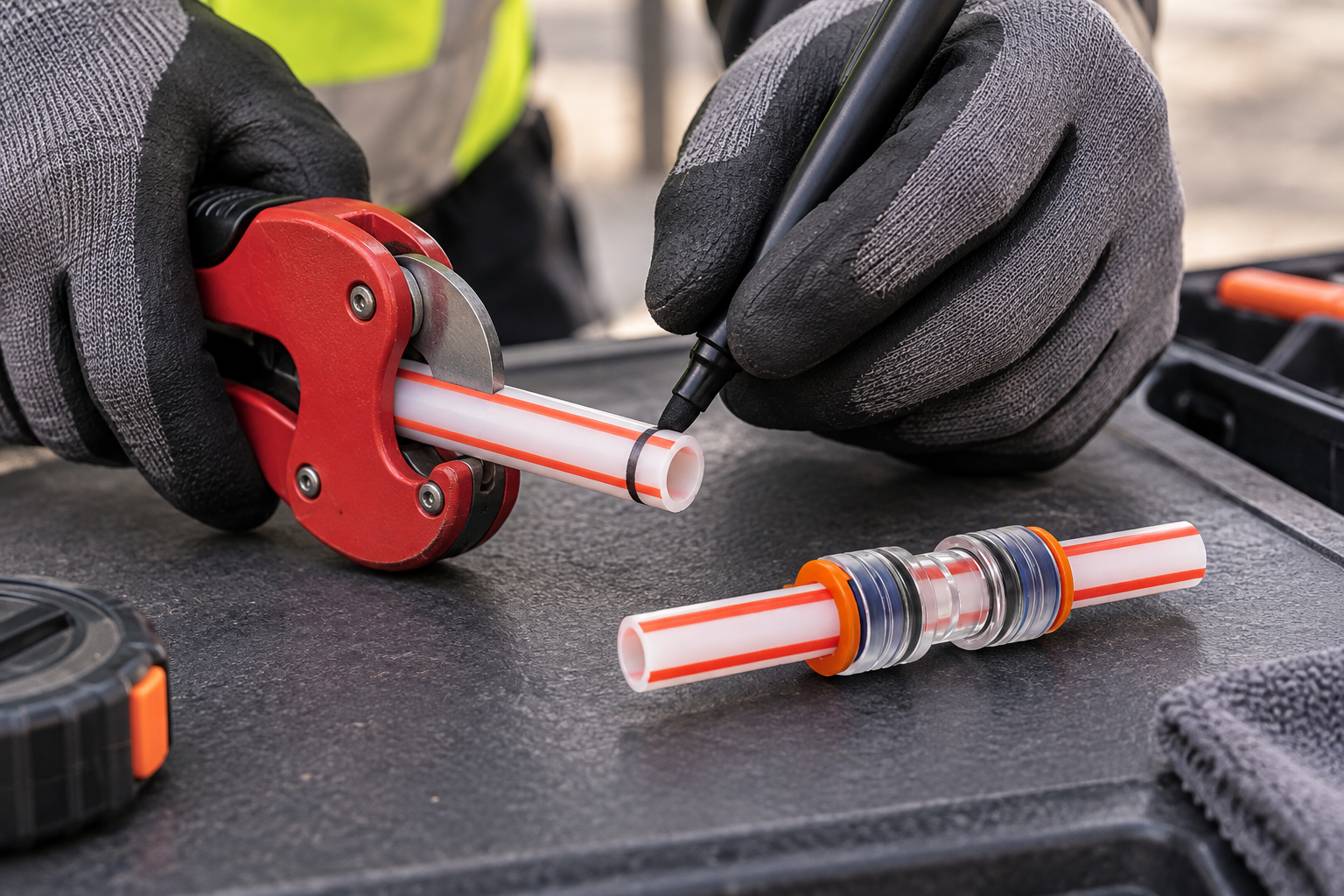 Tube cutter and prepared HDPE microduct beside a fitting