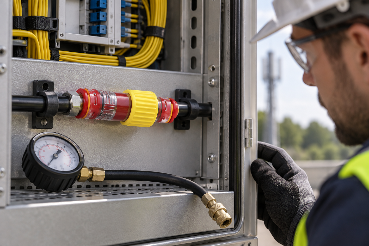 Engineer inspecting a gas-block closure in a telecom cabinet