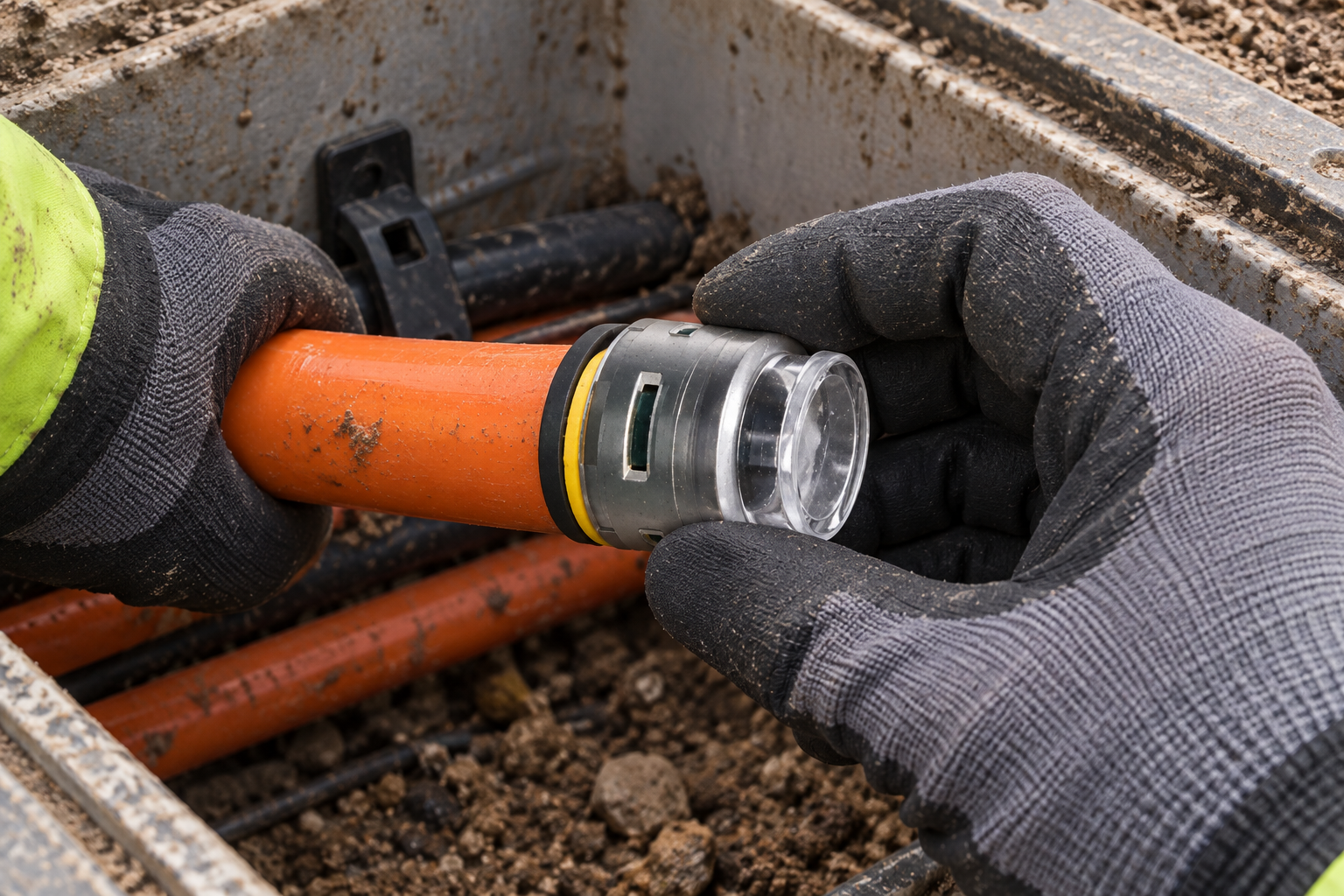 Technician reseating a microduct end cap in a handhole