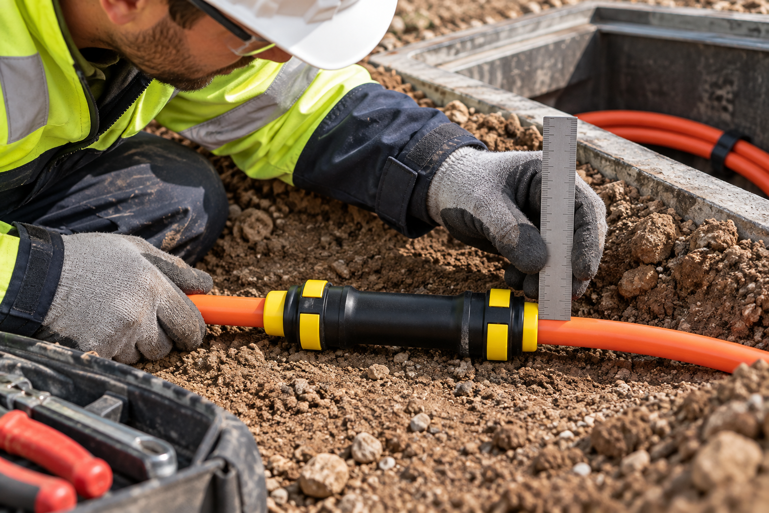 Installer checking a direct-buried microduct connector beside a handhole