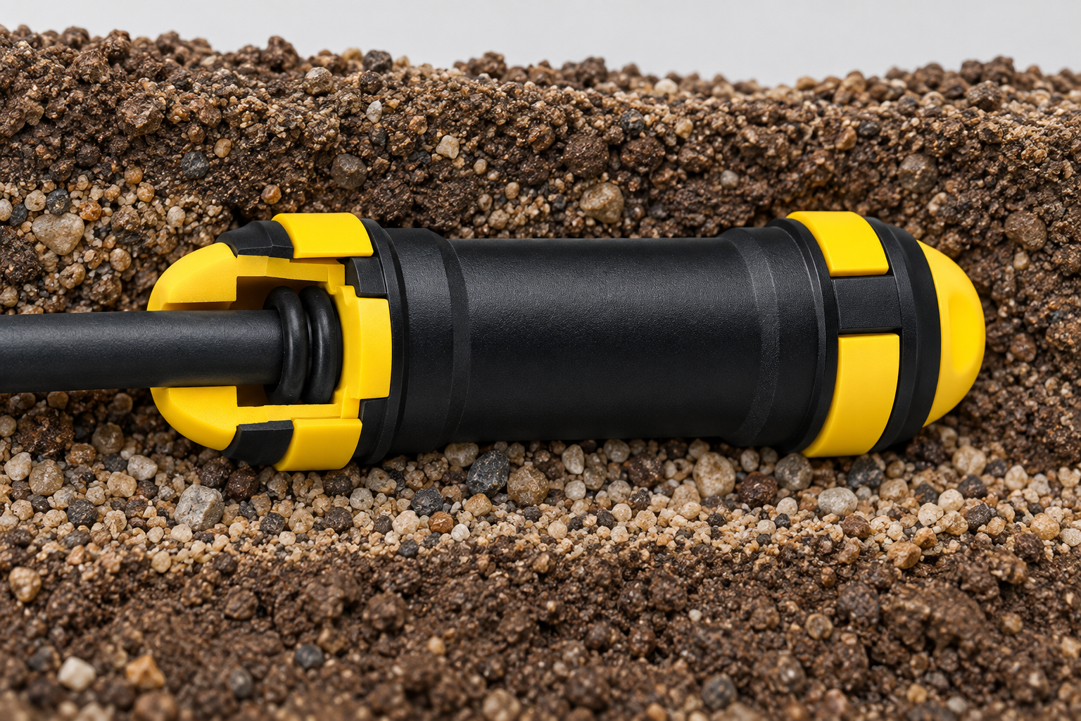 Close view of the sealed tube entry on a direct-buried microduct connector