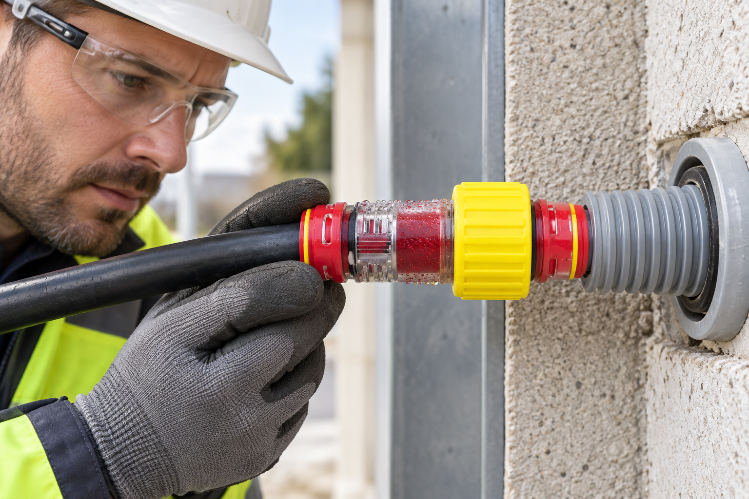 Technician inspecting a gas-block microduct connector at a wall entry