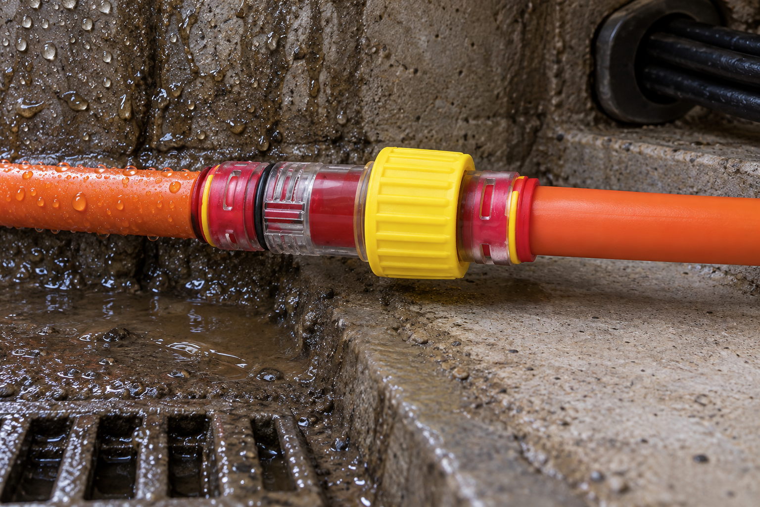 Gas-block microduct connector installed in a damp underground chamber