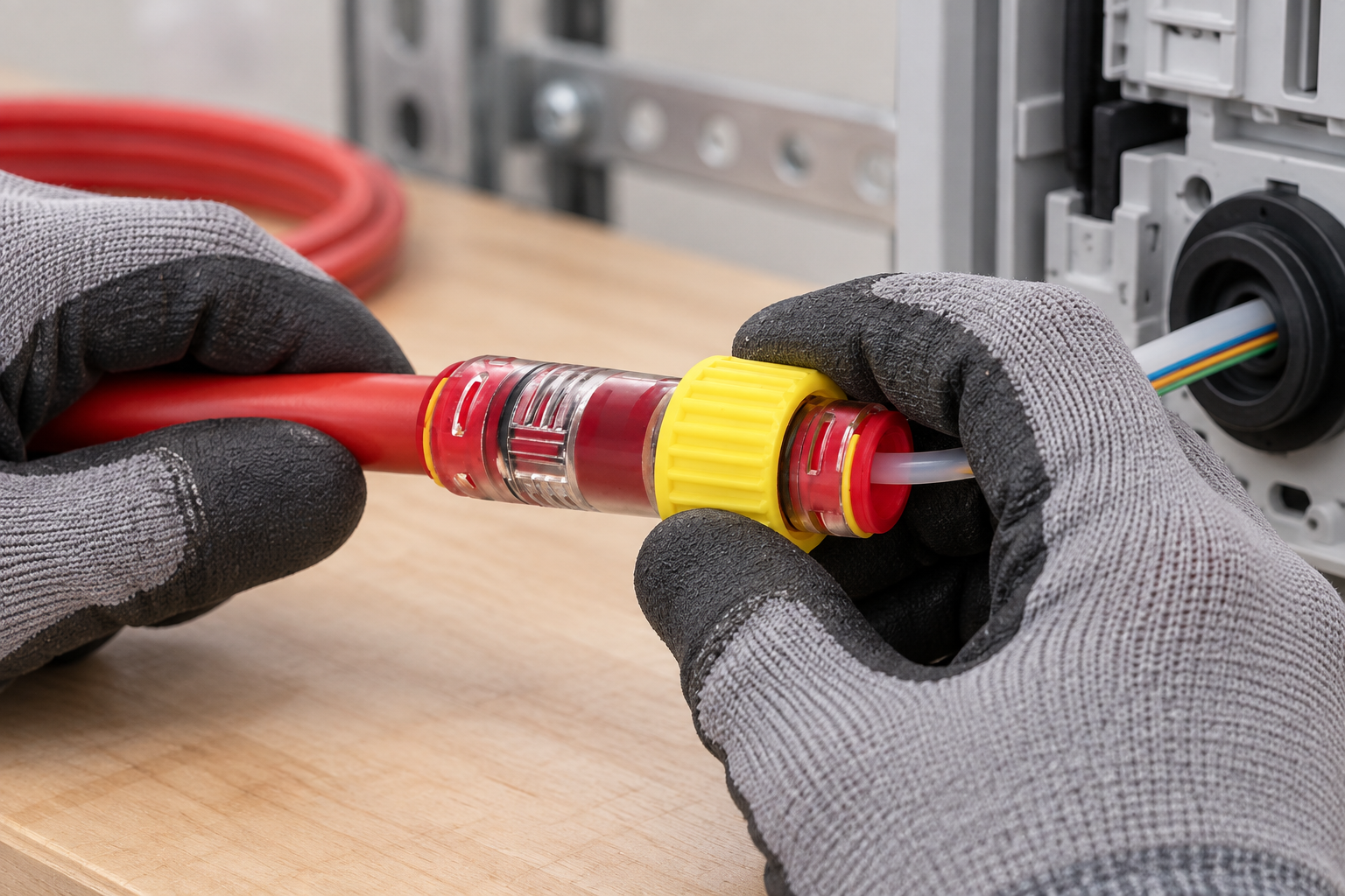 Installer activating a water-block connector seal after routing fiber