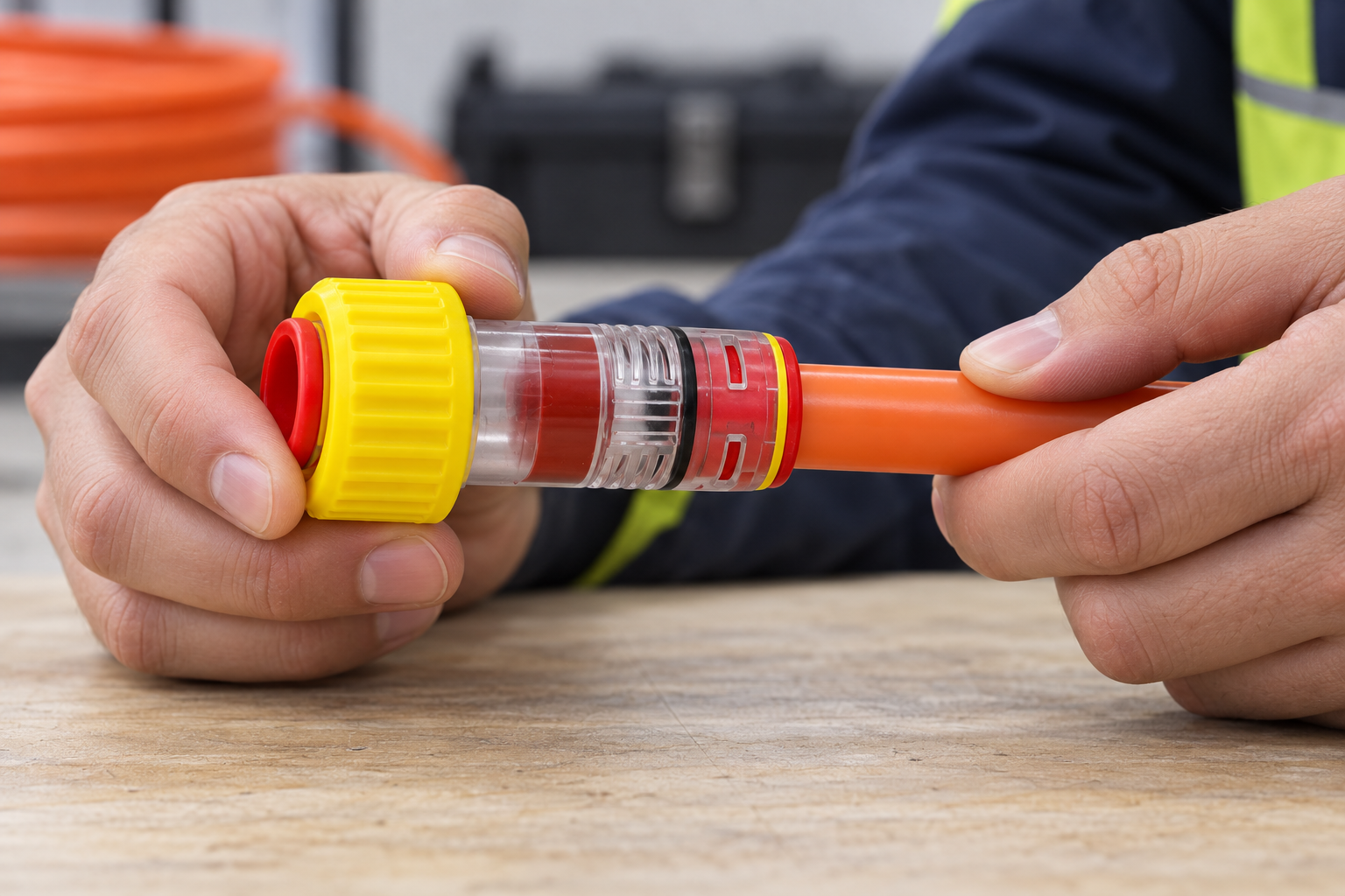 Installer seating a 14 mm microduct into a gas-block connector
