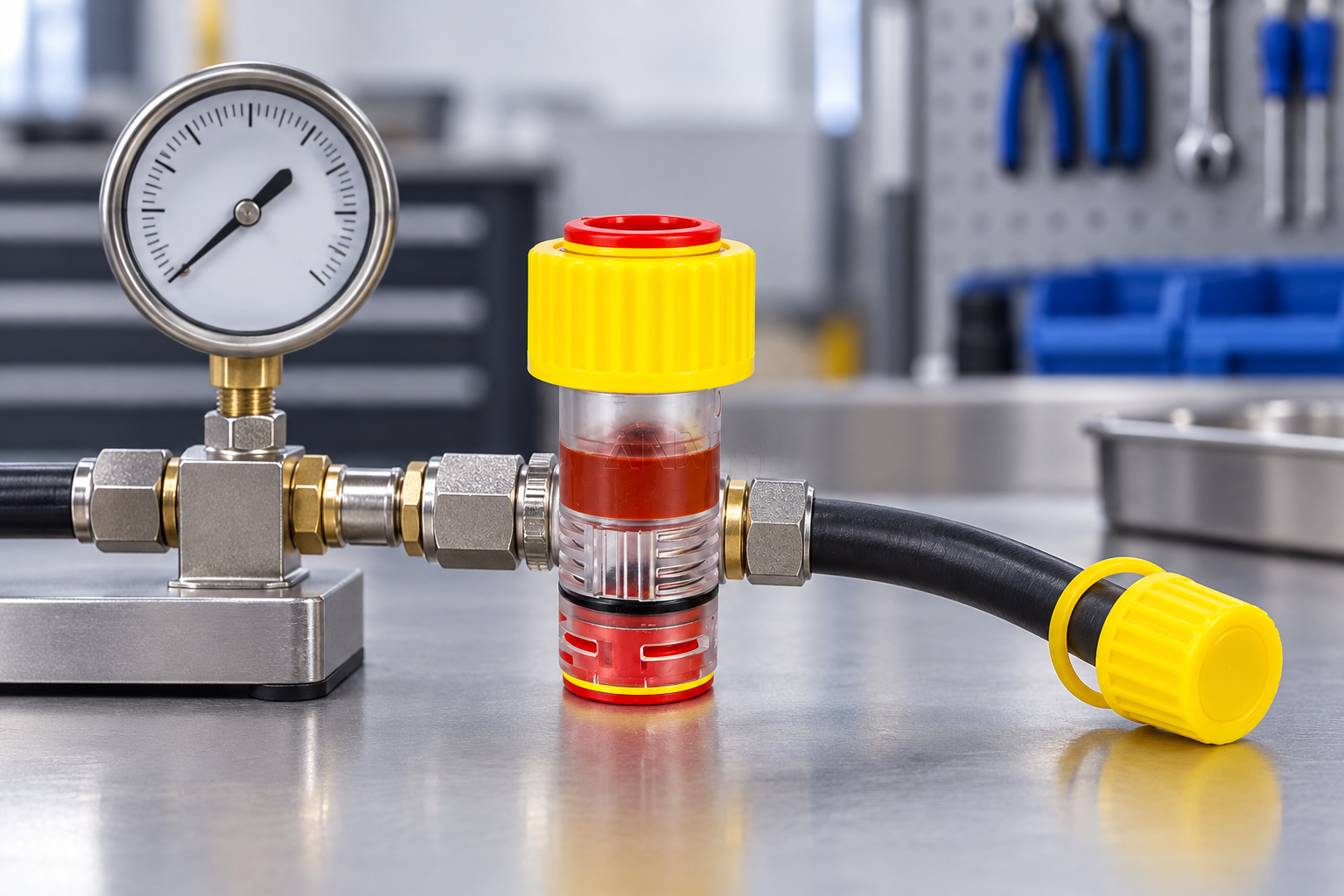 Workshop pressure-test setup for a 14 mm gas-block connector