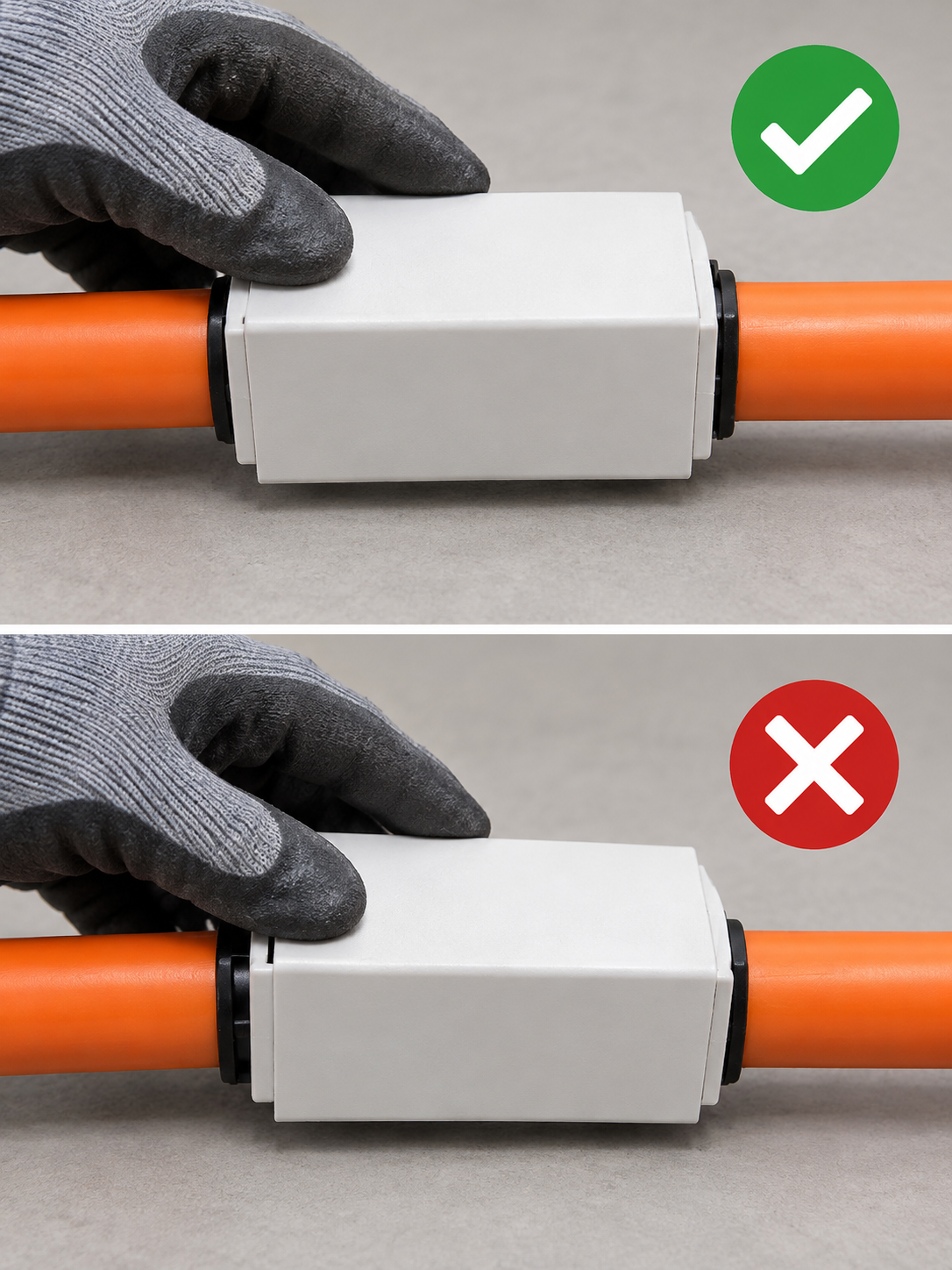 Comparison of a seated and displaced microduct cover shell around an HDPE connector