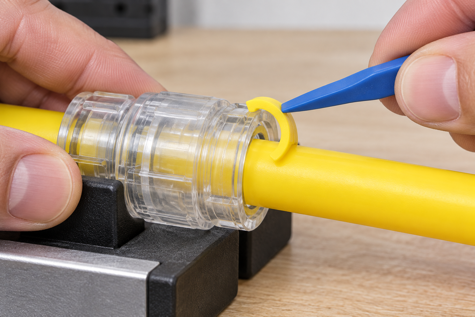 Careful removal of a microduct locking clip without damaging the duct