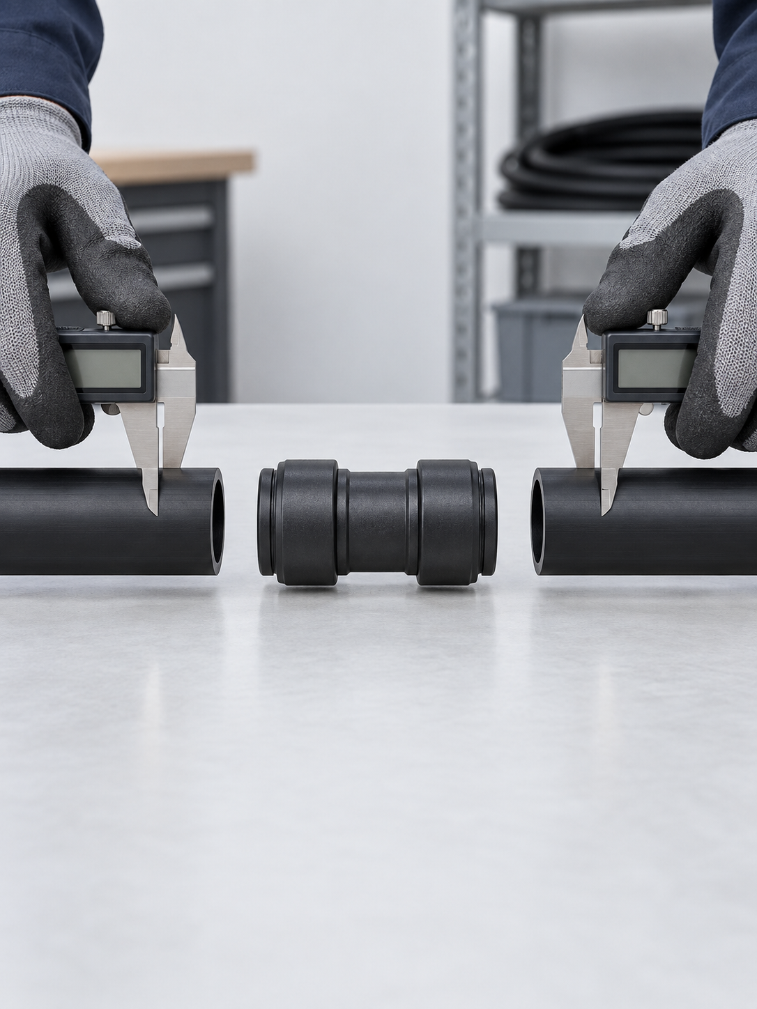 Technician measuring an HDPE microduct before selecting a straight connector