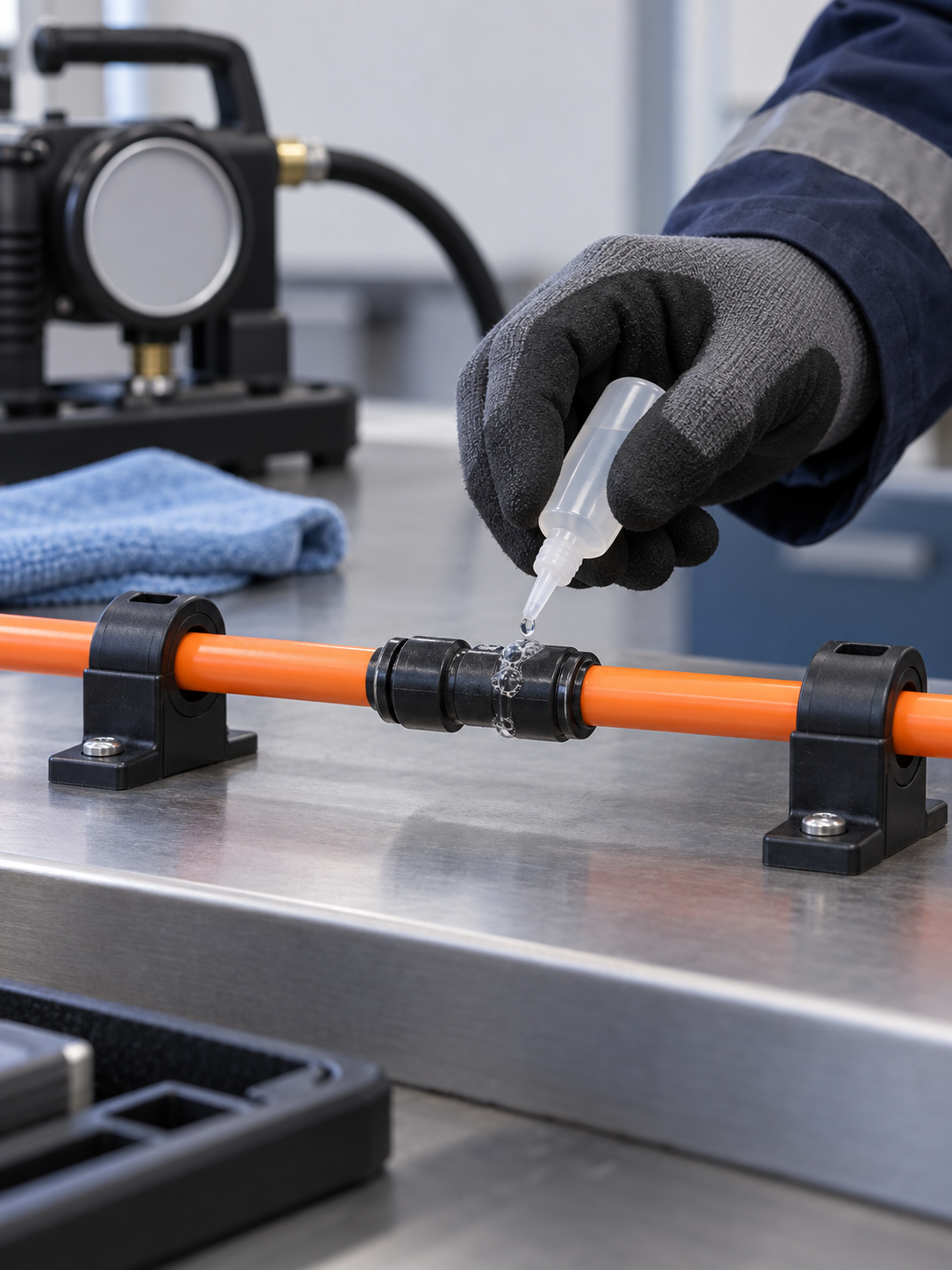 Technician applying leak-detection fluid to an installed microduct connector joint