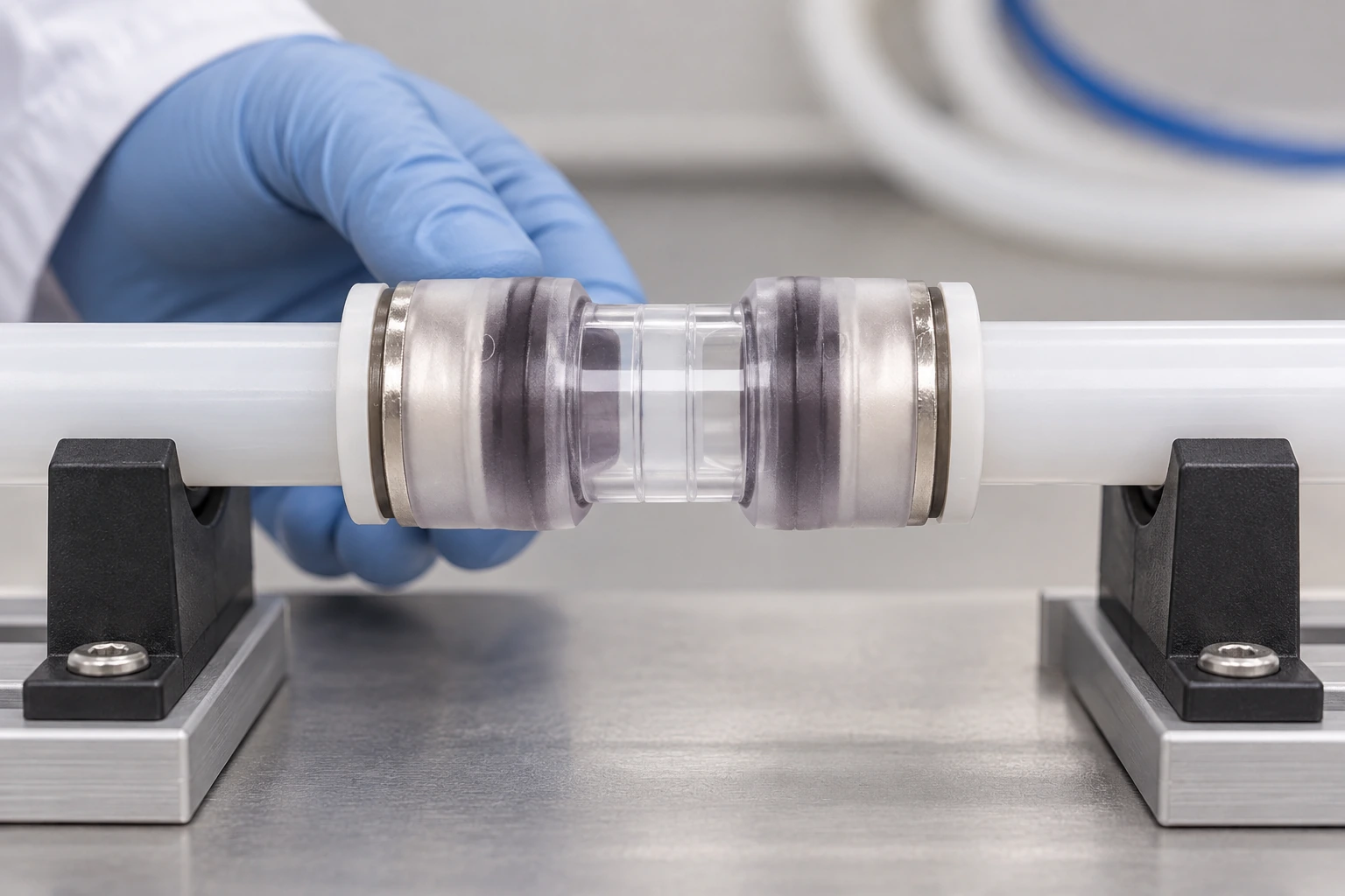 Transparent microduct connector installed between supported ducts for a visual seating check
