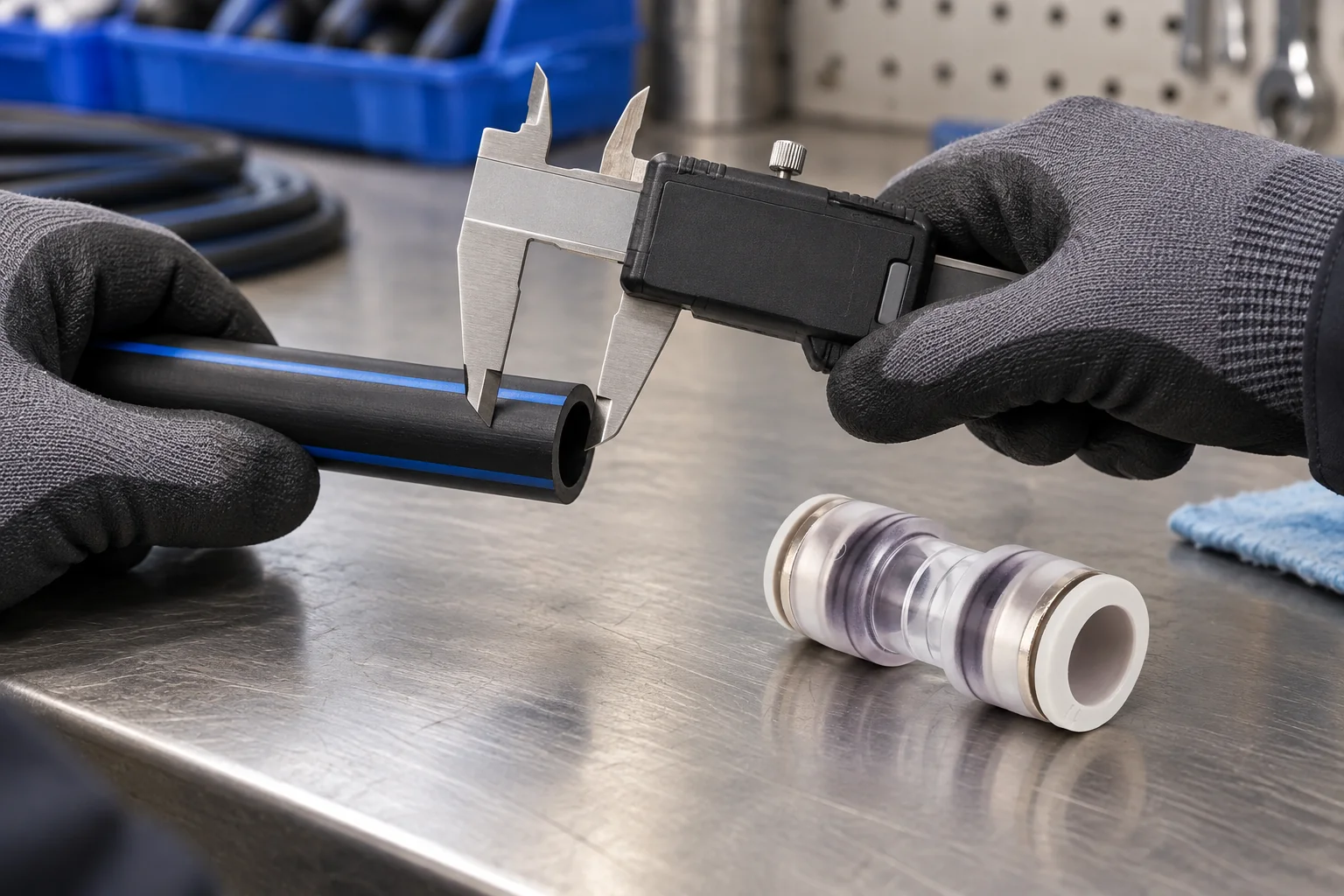 Technician checking an HDPE microduct outside diameter before selecting a straight connector