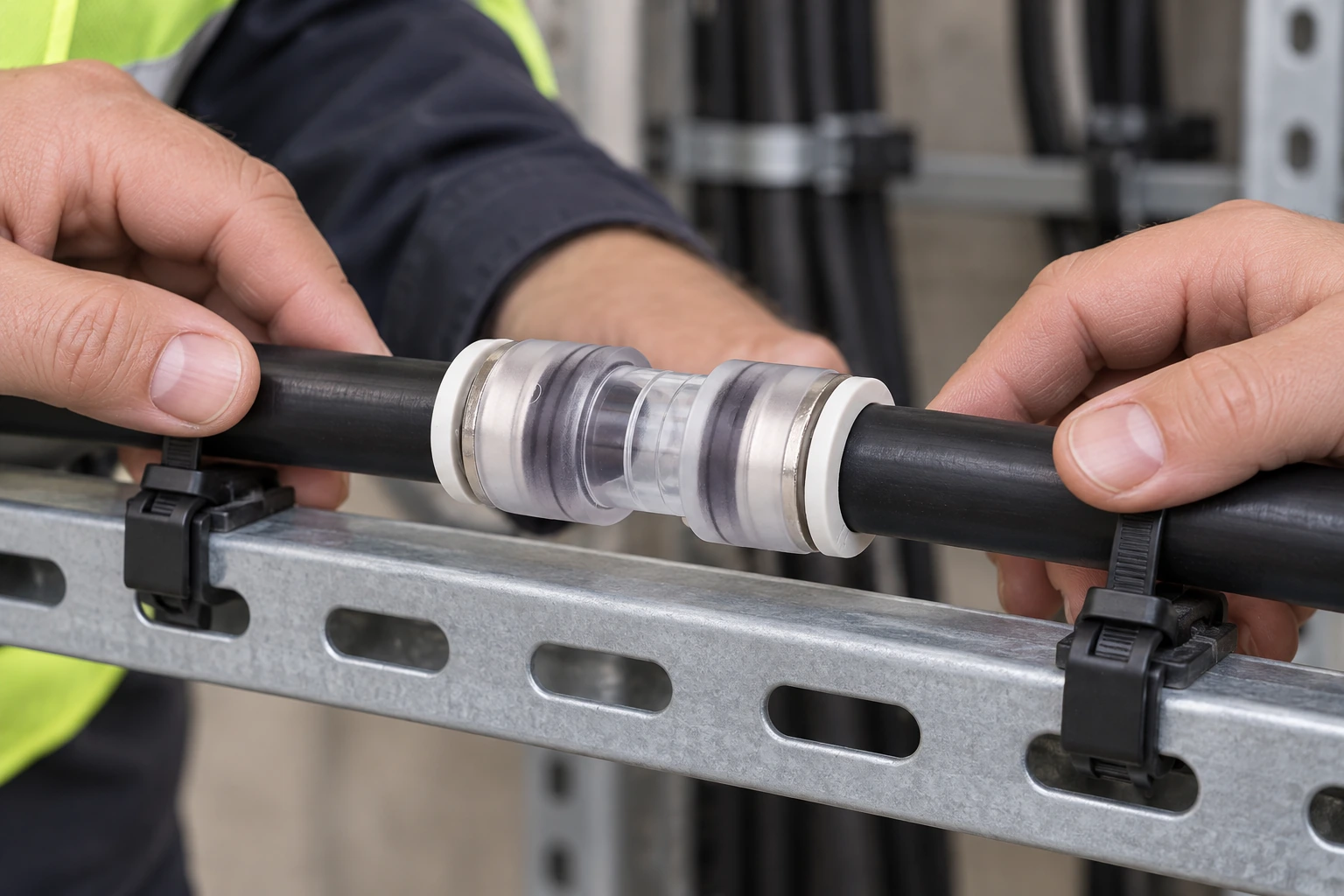 Technician inspecting straight duct alignment around a generic microduct connector