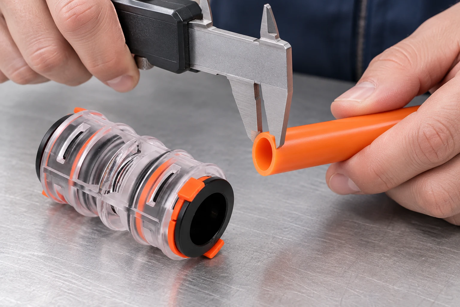 Technician measuring a microduct end before fitting an orange and black transparent connector