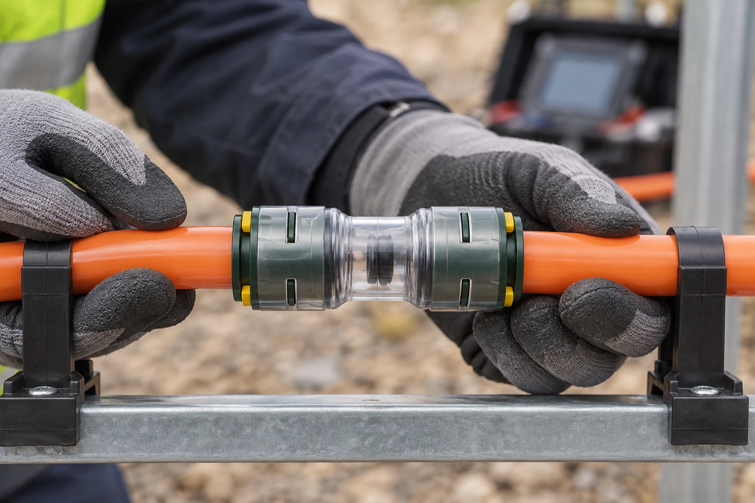 Technician inspecting a transparent connector installed between supported microducts