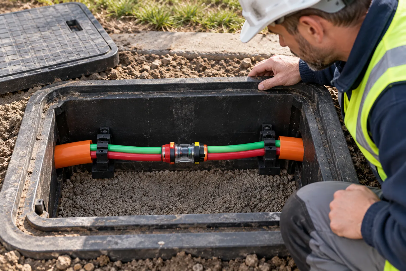 Technician inspecting an accessible straight microduct connector inside an FTTH handhole