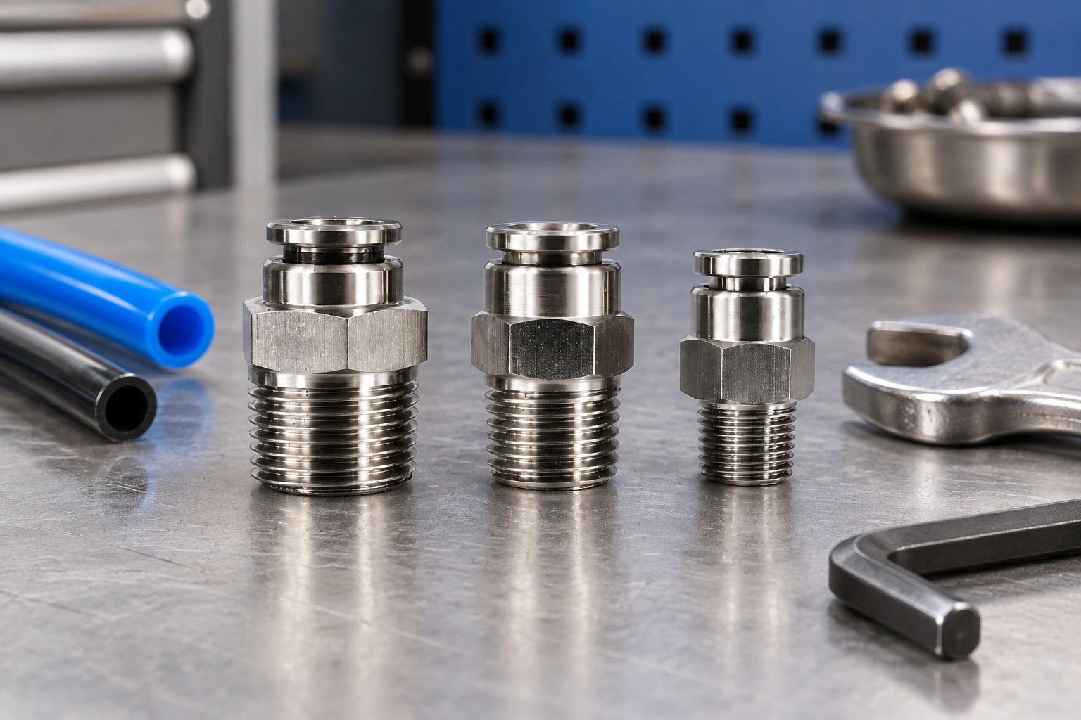 Technician comparing push-in pneumatic fittings and tubing during air-system maintenance