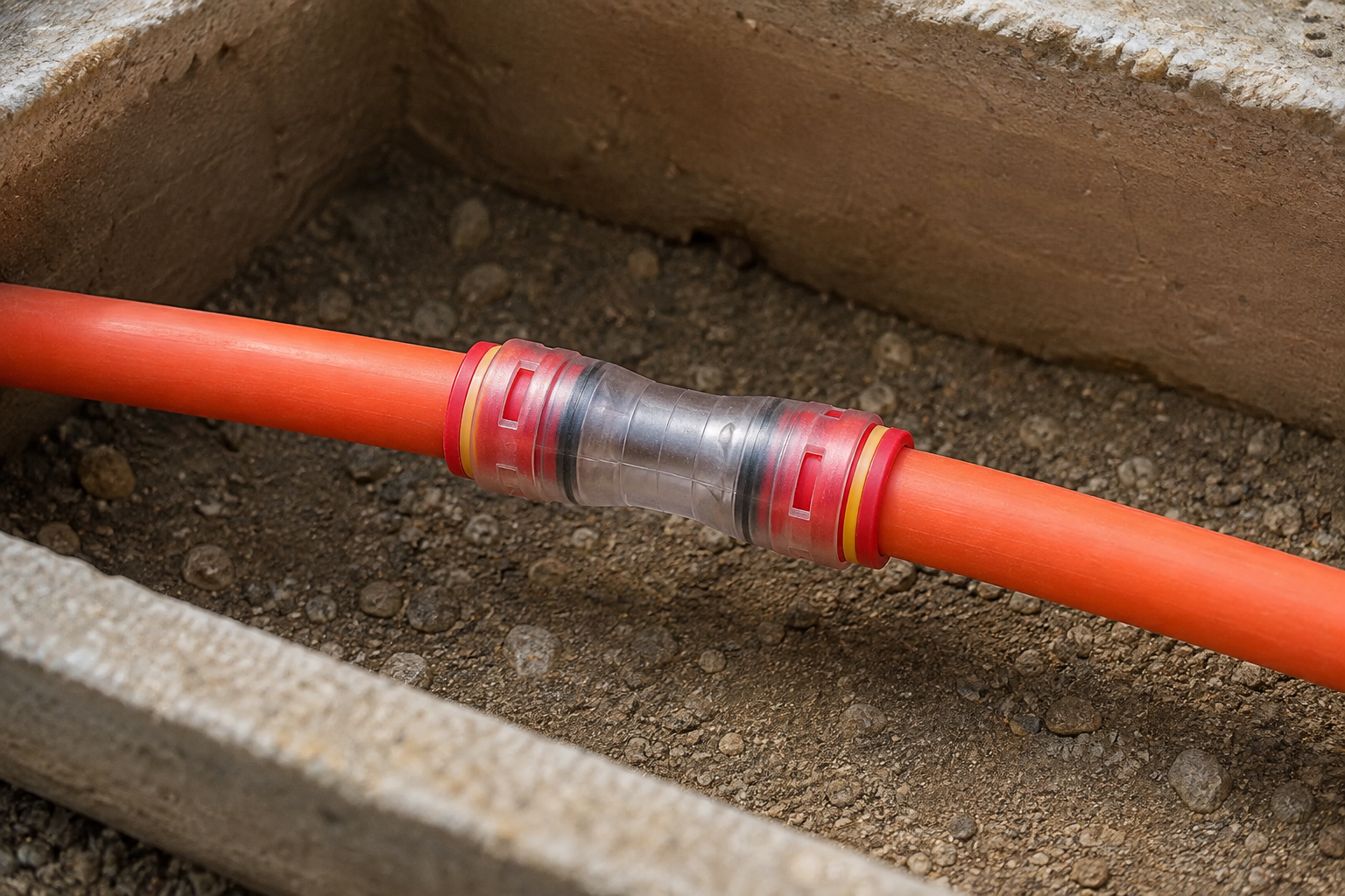 ANMASPC microduct straight connector sealed between orange HDPE ducts in an outdoor telecom handhole
