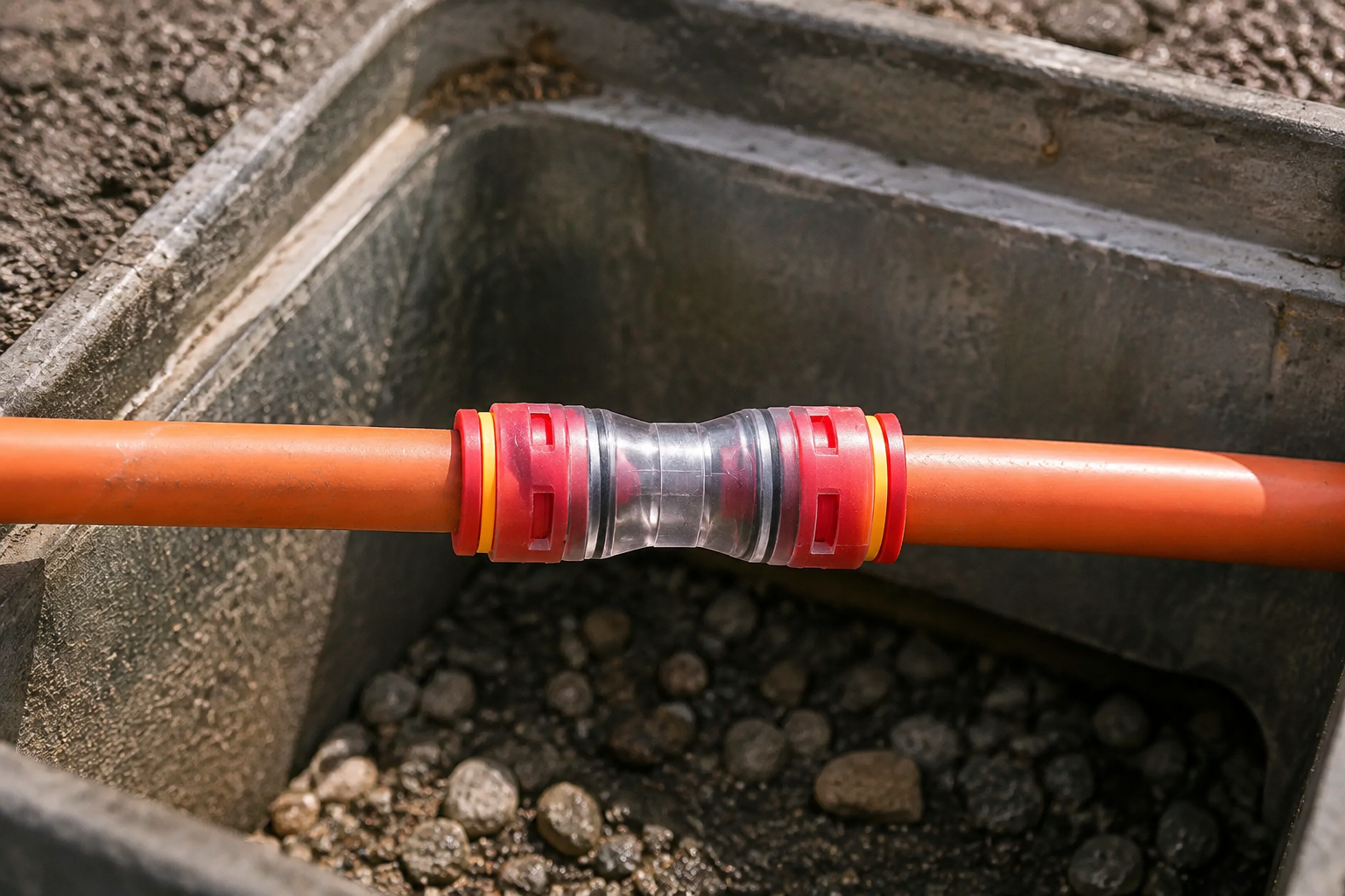 ANMASPC microduct straight connector installed between orange HDPE ducts in an underground FTTH handhole