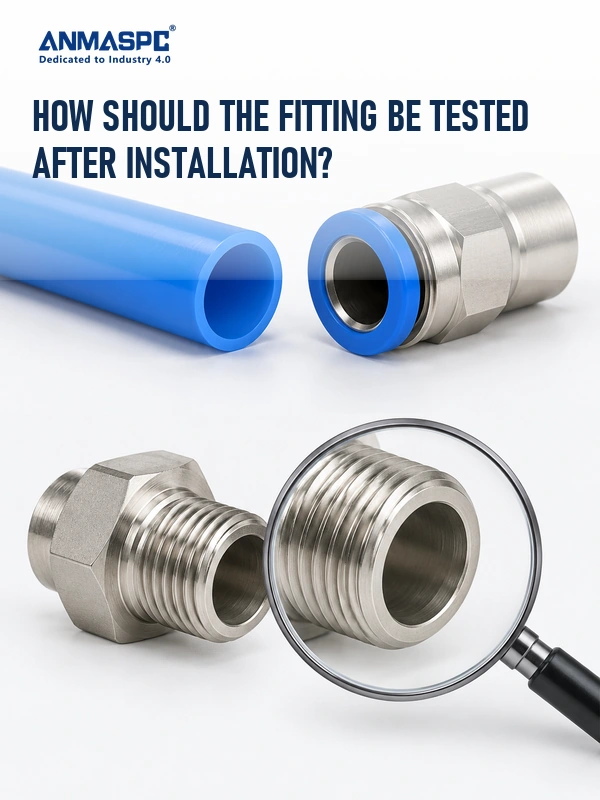 Separate round tube end and threaded metal port inspected before a washdown-area connection is approved