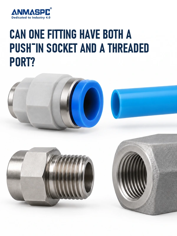 Separate generic push-in tube socket and threaded equipment port show different interface roles