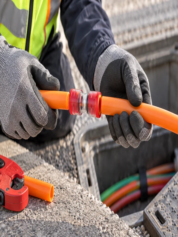 Microduct coupler in a fiber network handhole product detail and installation context