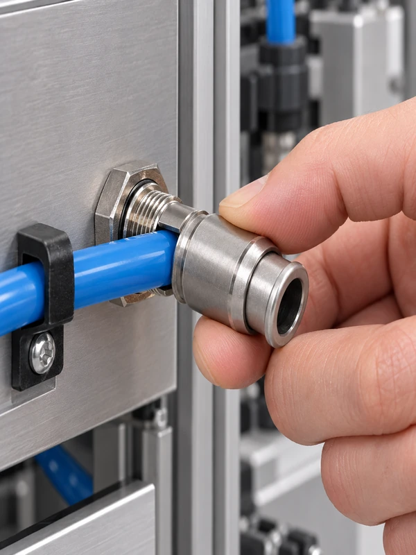 One-touch pneumatic fitting in plastics processing product inspection and service context